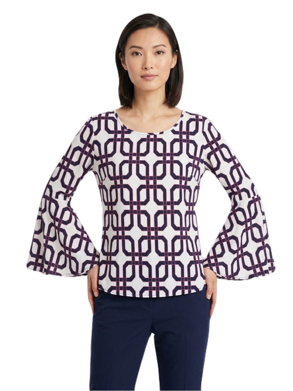 Peach Love California Womans Geometric White Navy Coral Bell Sleeve Blouse M